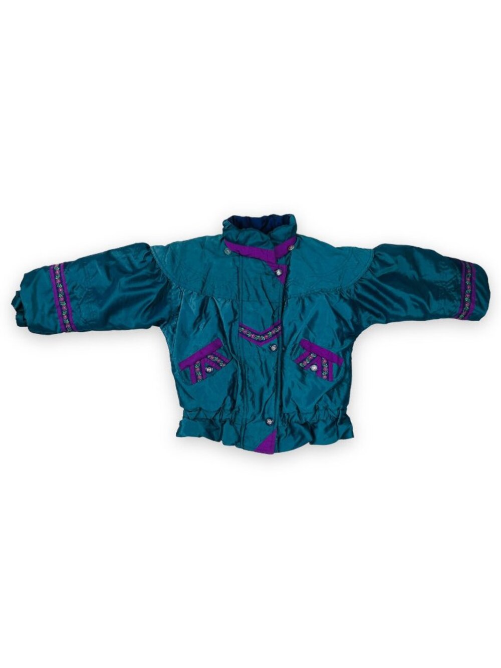 Vintage Girls Green + Purple Floral Winter Snow Ski Jacket Coat 6 - 7